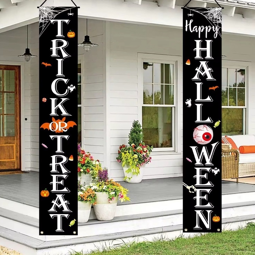 2PCS Trick or Treat Halloween Door Banners Porch Hanging Decoration Spooky